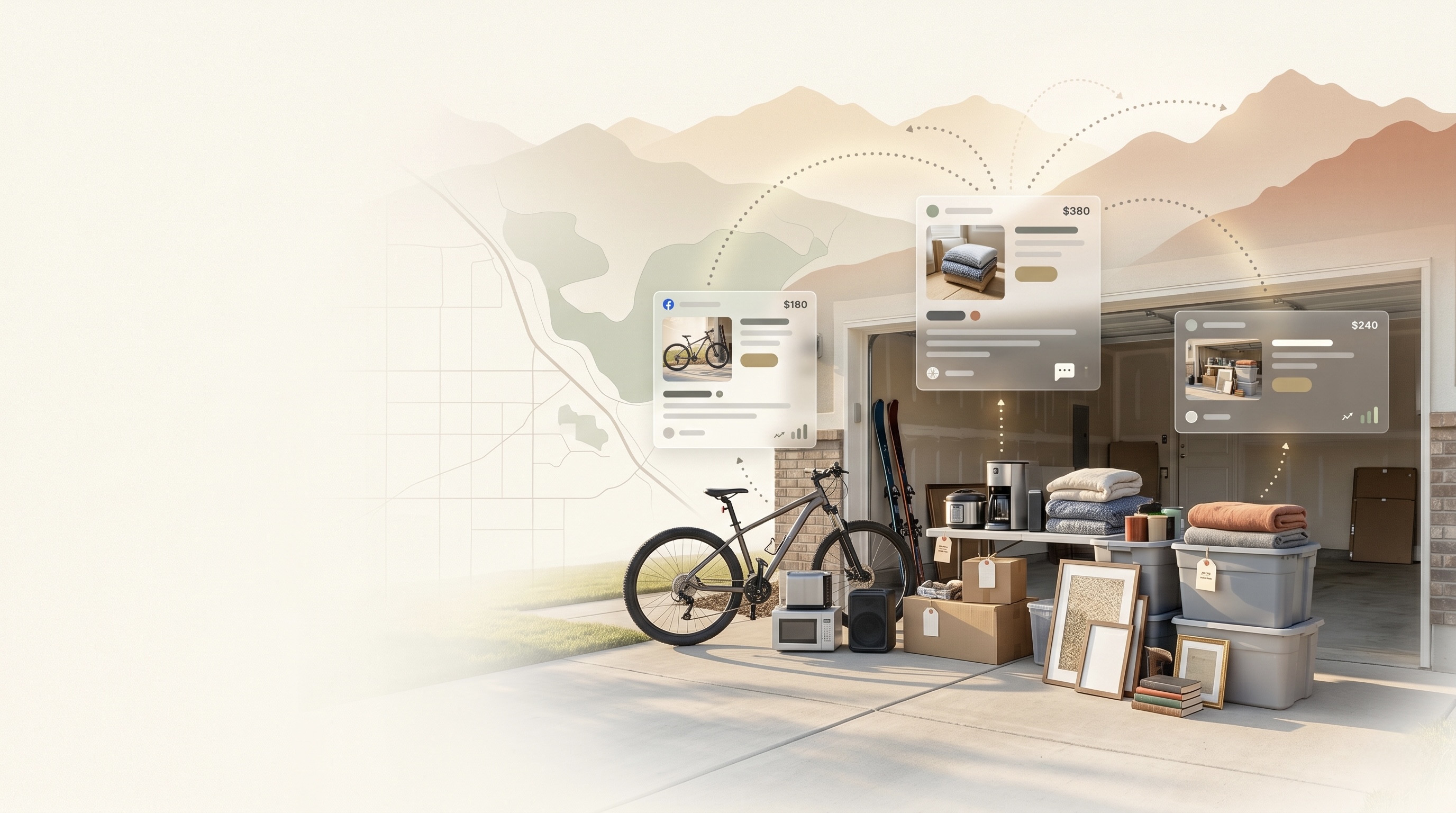 Garage sale items becoming online listing cards across a Utah mountain and neighborhood scene
