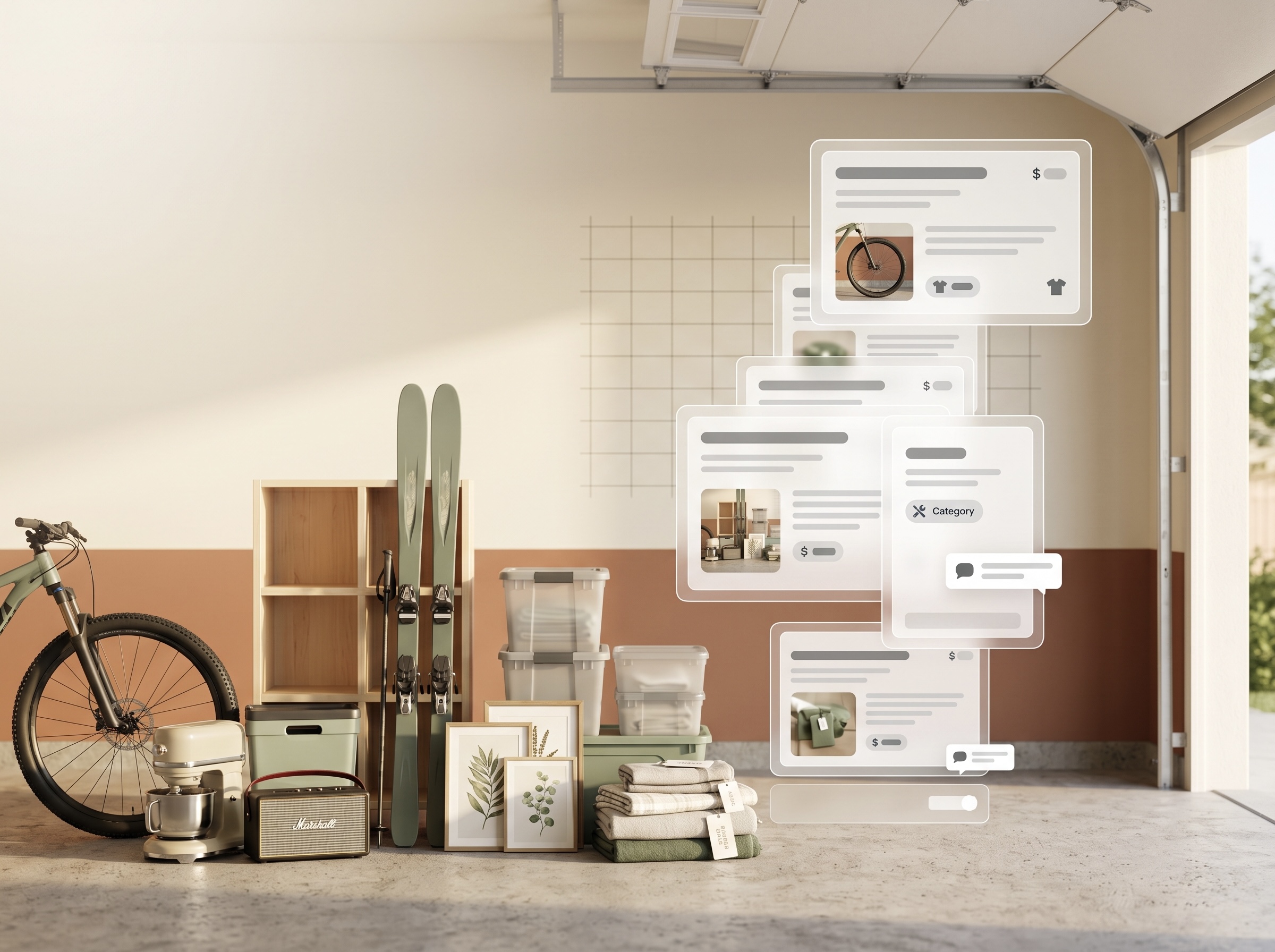 Garage items with online listing cards showing how items become online sale posts