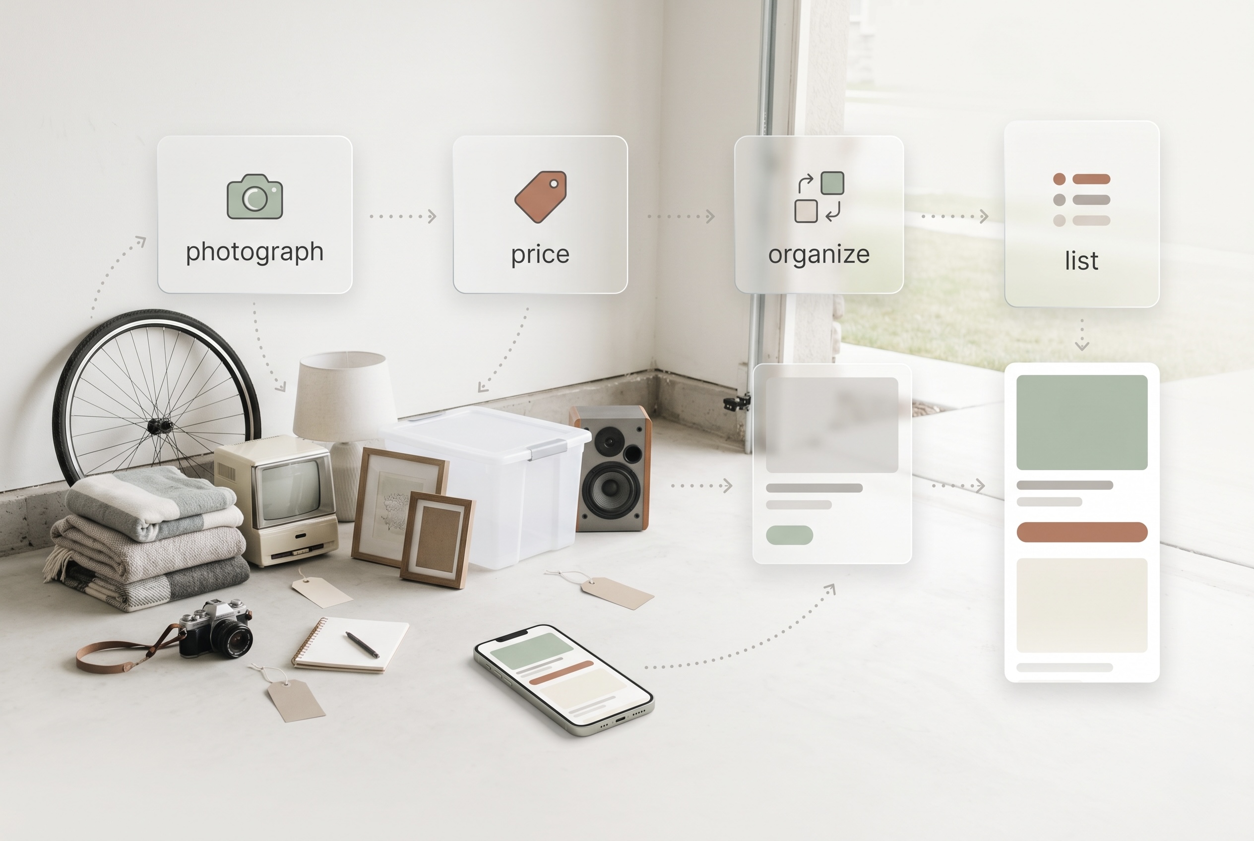 A visual flow showing items being photographed, priced, organized, and listed online