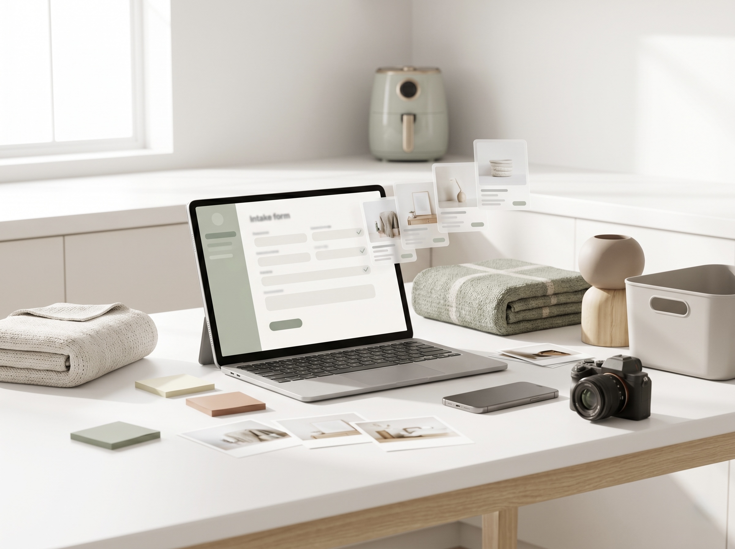 Clean workspace with camera, intake form, and listing drafts ready to be organized
