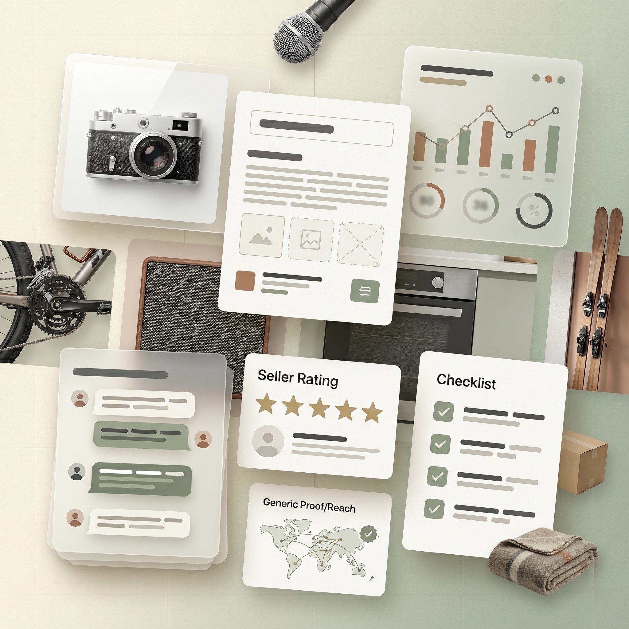 Listing workbench with photo, checklist, seller rating, buyer messages, and reach visuals
