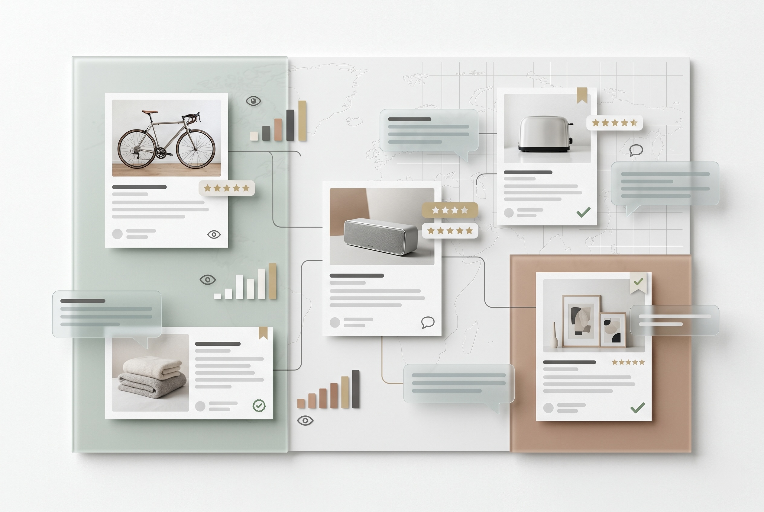 Online listing cards connected with buyer messages, views, ratings, and proof signals