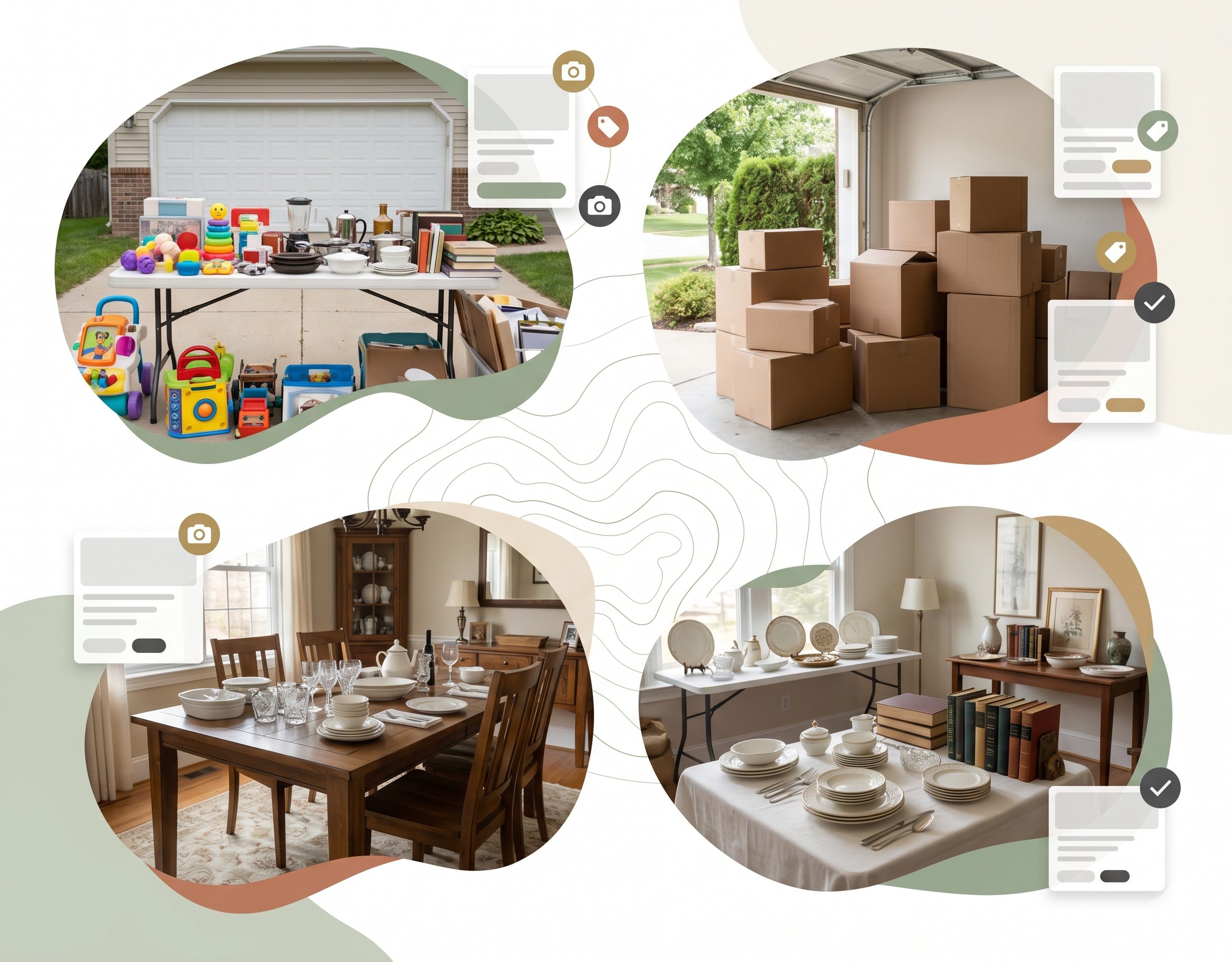 Different sale situations including garage sale items, moving boxes, and estate sale tables
